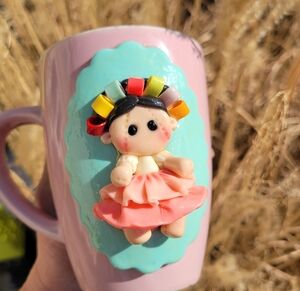 Adorable Pink Mug with 3D Girl ~ Handcrafted? ~ Like New! ~ Great Gift!